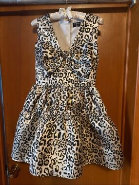 Fate Gold and Black Leopard-Print Fit-and-Flare metallic Dress with Bow